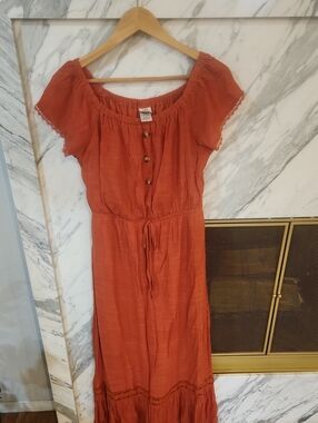 Wrapper Rust Orange Off-Shoulder Maxi Dress with Drawstring Waist